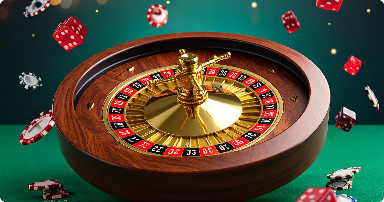 Pin-Up Casino-da poker fişləri və zər ilə ruletka çarxı